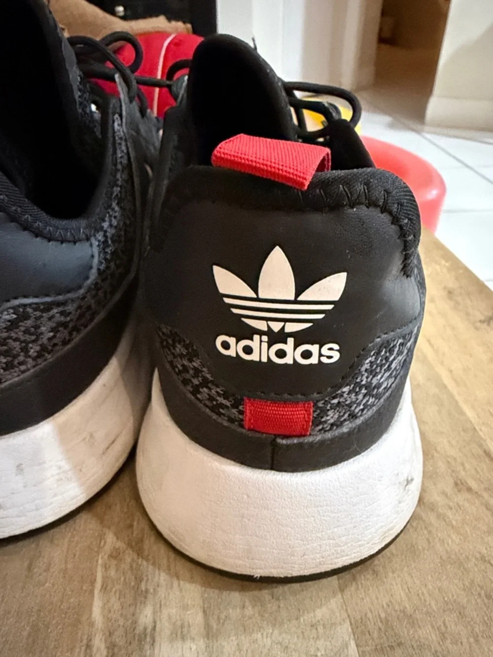 adidas Men's Black/Grey Knit Sneakers with Red Heel Tab - Picture 2 of 8